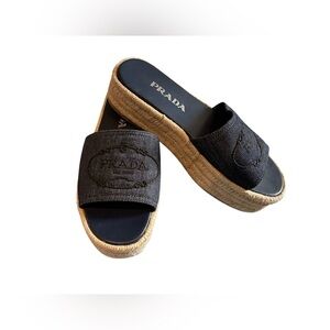 Prada Navy Blue Logo Denim Slide Espadrille Sandal size 38